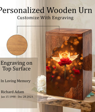 Wooden Cremation Urn – Angel Rose Memorial Urn | Custom Wooden Memorial Urn for Mom