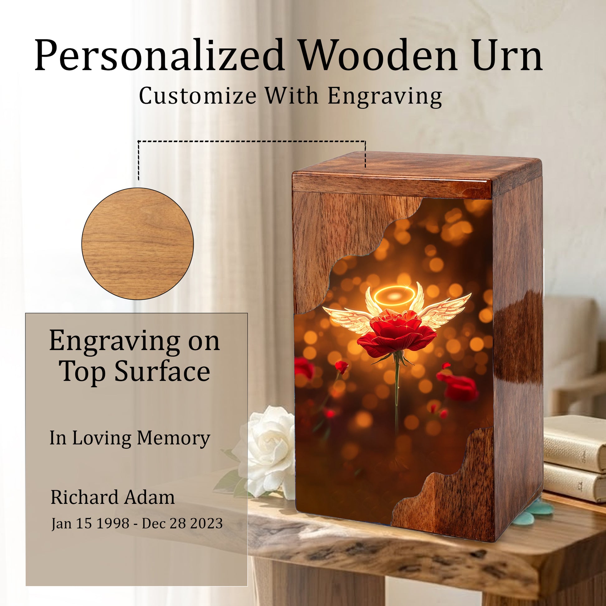 Wooden Cremation Urn – Angel Rose Memorial Urn | Custom Wooden Memorial Urn for Mom