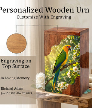 Parrot Wooden Cremation Urn – Personalized Memorial Urn for Human Ashes | Bird Memorial Wooden Urn