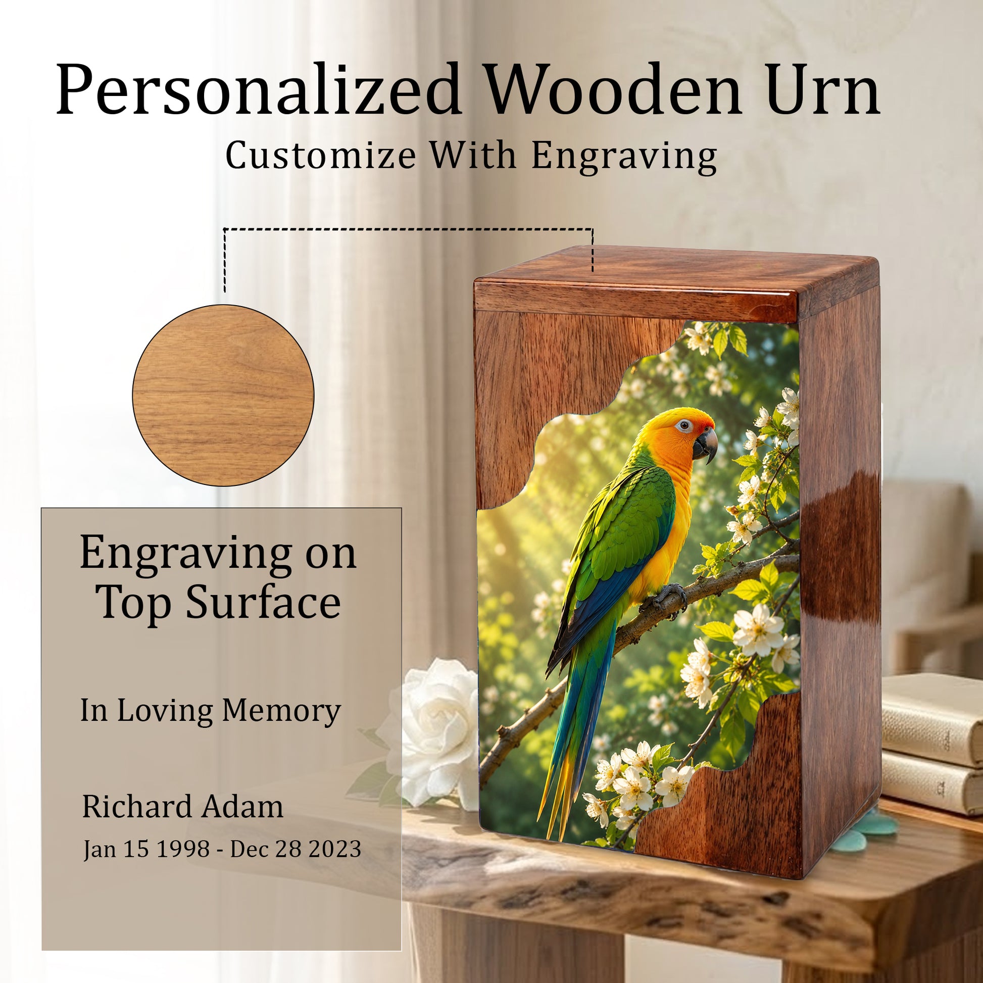 Parrot Wooden Cremation Urn – Personalized Memorial Urn for Human Ashes | Bird Memorial Wooden Urn