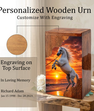 Sunset Horse Wooden Cremation Urn – Ocean Memorial Urn for Human Ashes