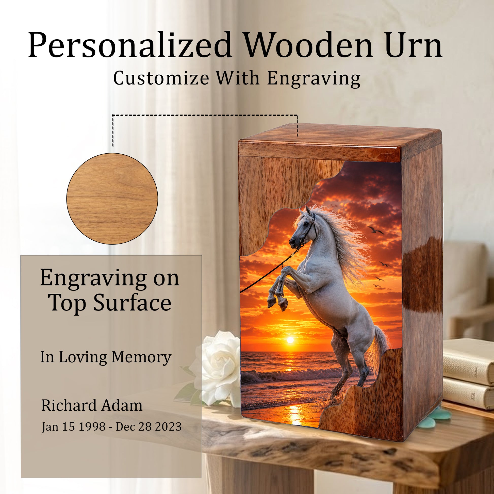 Sunset Horse Wooden Cremation Urn – Ocean Memorial Urn for Human Ashes