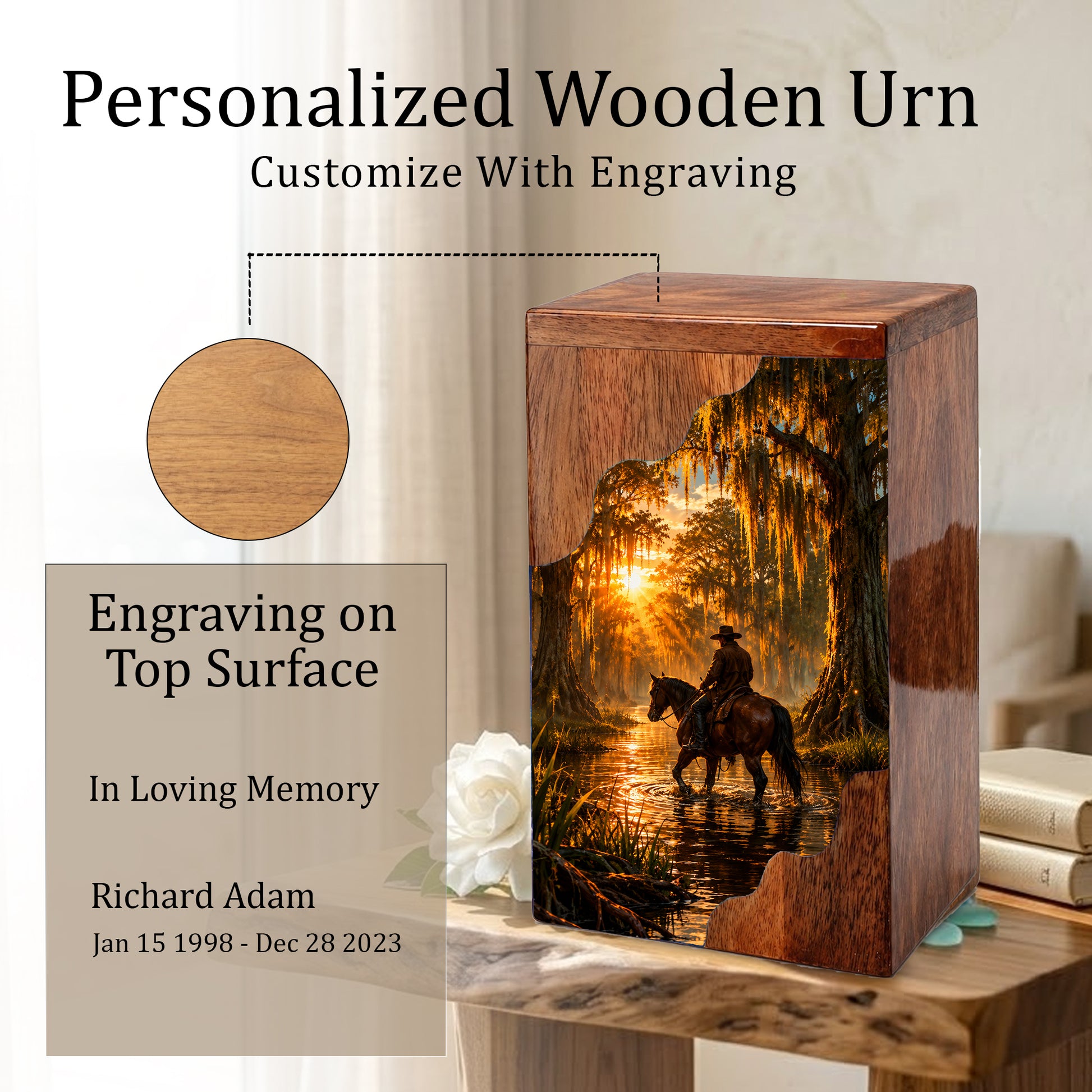Personalised Urns for Dad,Cowboy Memorial Urn, Funeral Urn Wood