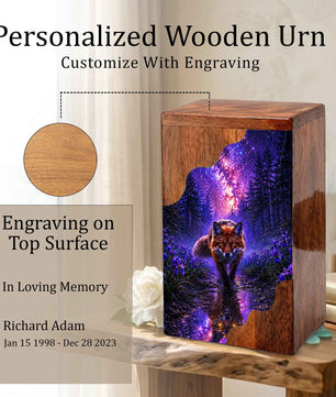 Wooden Cremation Urn for Human Ashes, Fox Memorial Urn