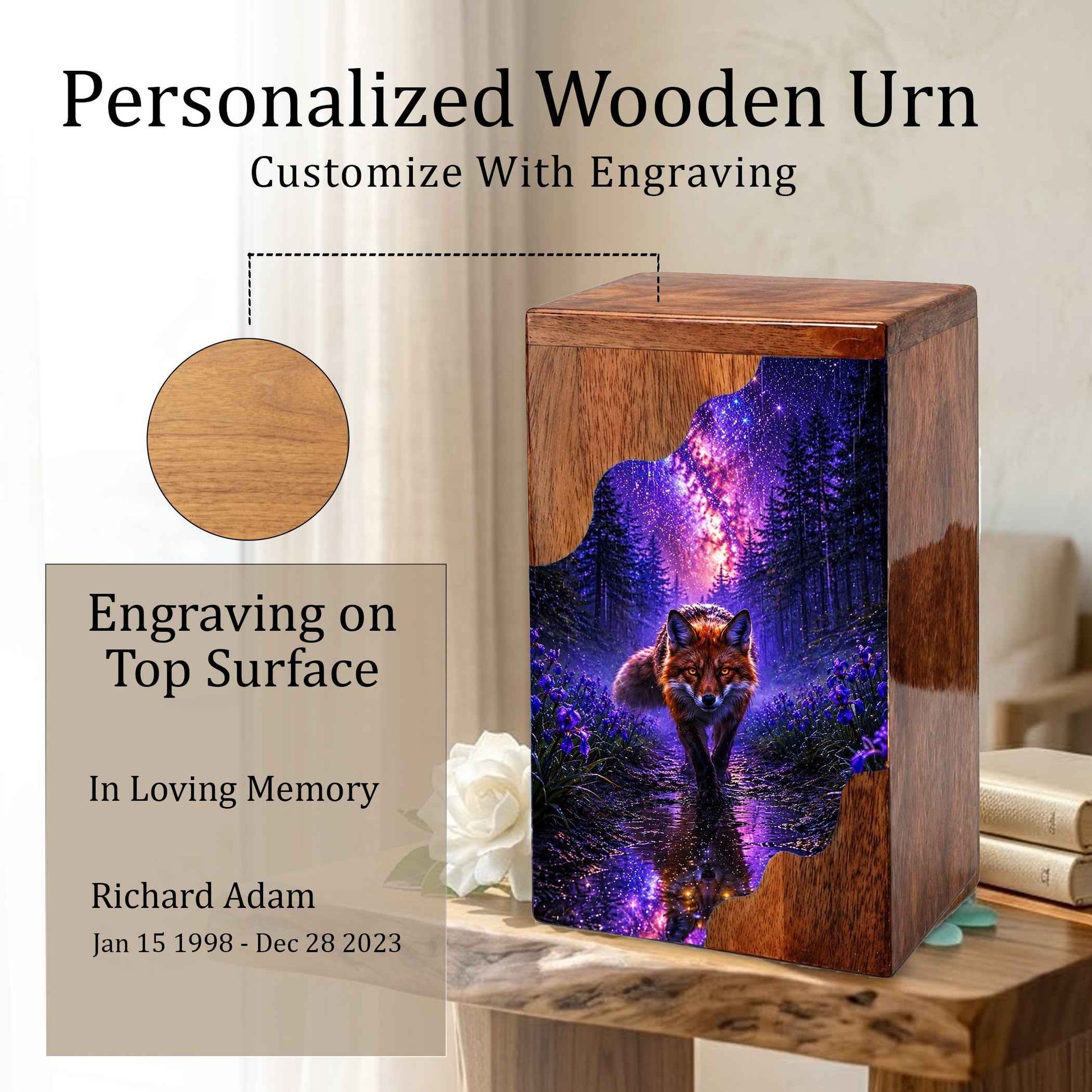 Wooden Cremation Urn for Human Ashes, Fox Memorial Urn