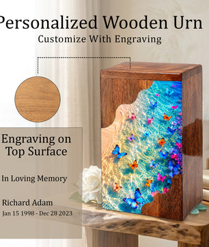 Butterfly Beach Wooden Cremation Urn – Ocean Memorial Urn for Mom