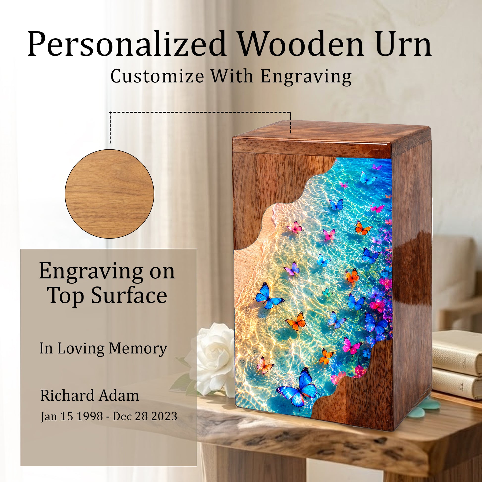 Butterfly Beach Wooden Cremation Urn – Ocean Memorial Urn for Mom