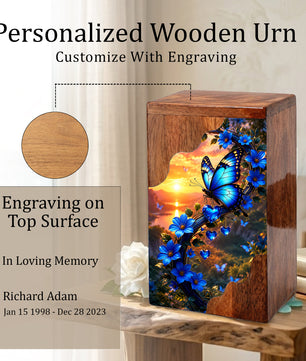 Blue Butterfly Wooden Cremation Urn – Floral Memorial Urn for Human Ashes