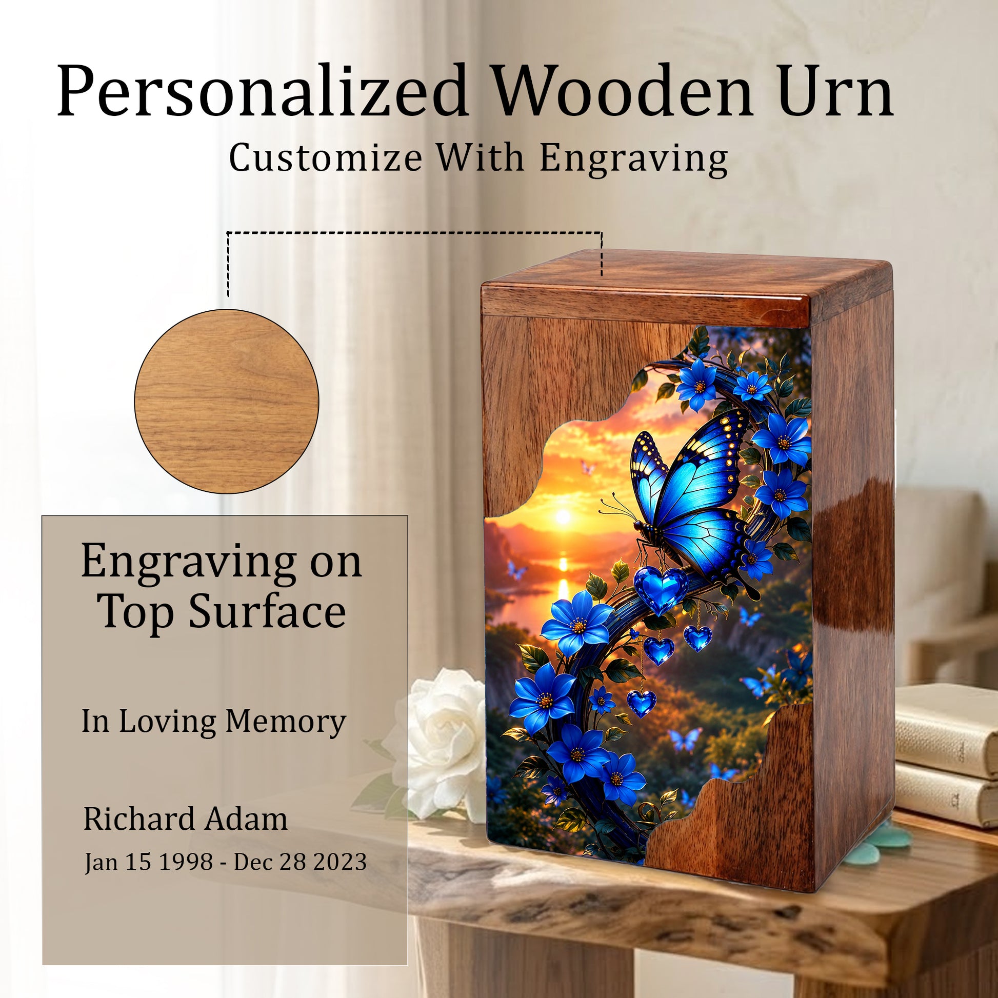 Blue Butterfly Wooden Cremation Urn – Floral Memorial Urn for Human Ashes