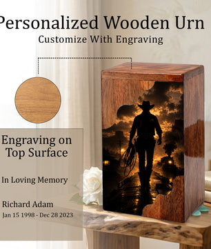 Western Cowboy Wooden Cremation Urn – Cowboy Memorial Urn for Human Ashes