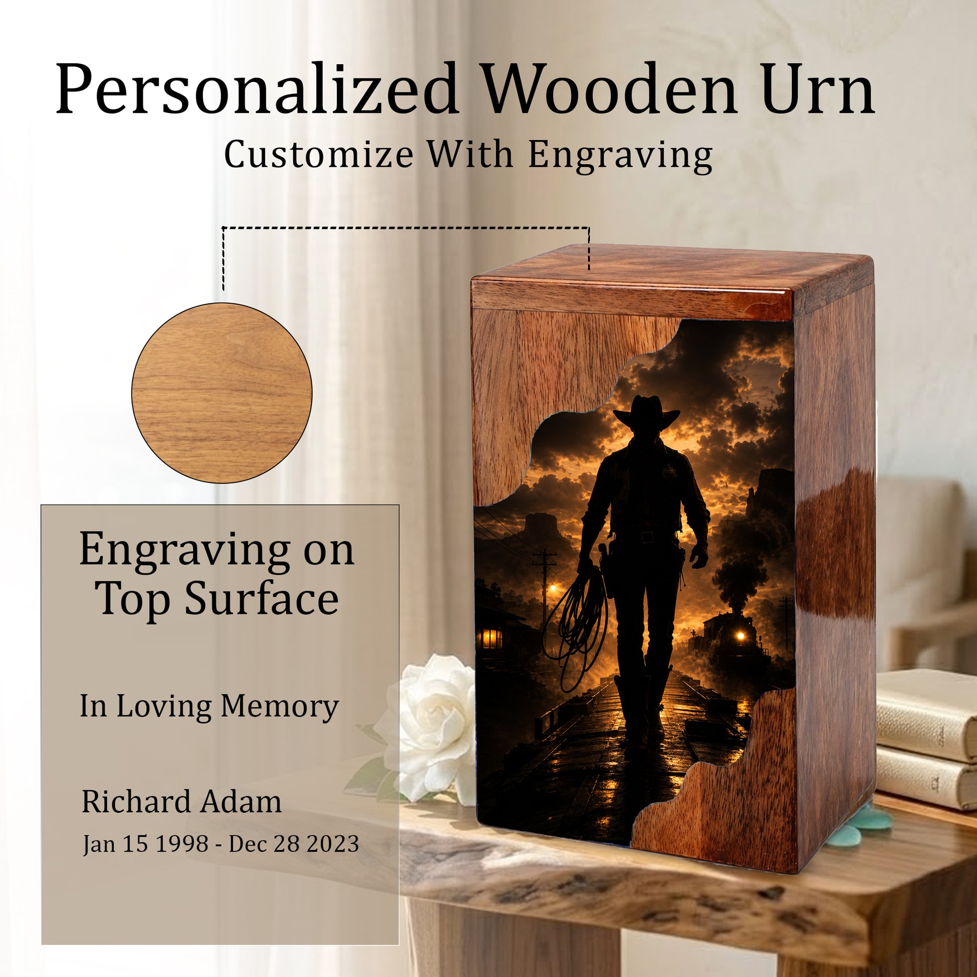 Western Cowboy Wooden Cremation Urn – Cowboy Memorial Urn for Human Ashes
