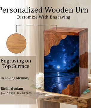 Moonlit Beach Wooden Cremation Urn – Ocean Memorial Urn for Human Ashes | Personalized Coastal Wooden Urn