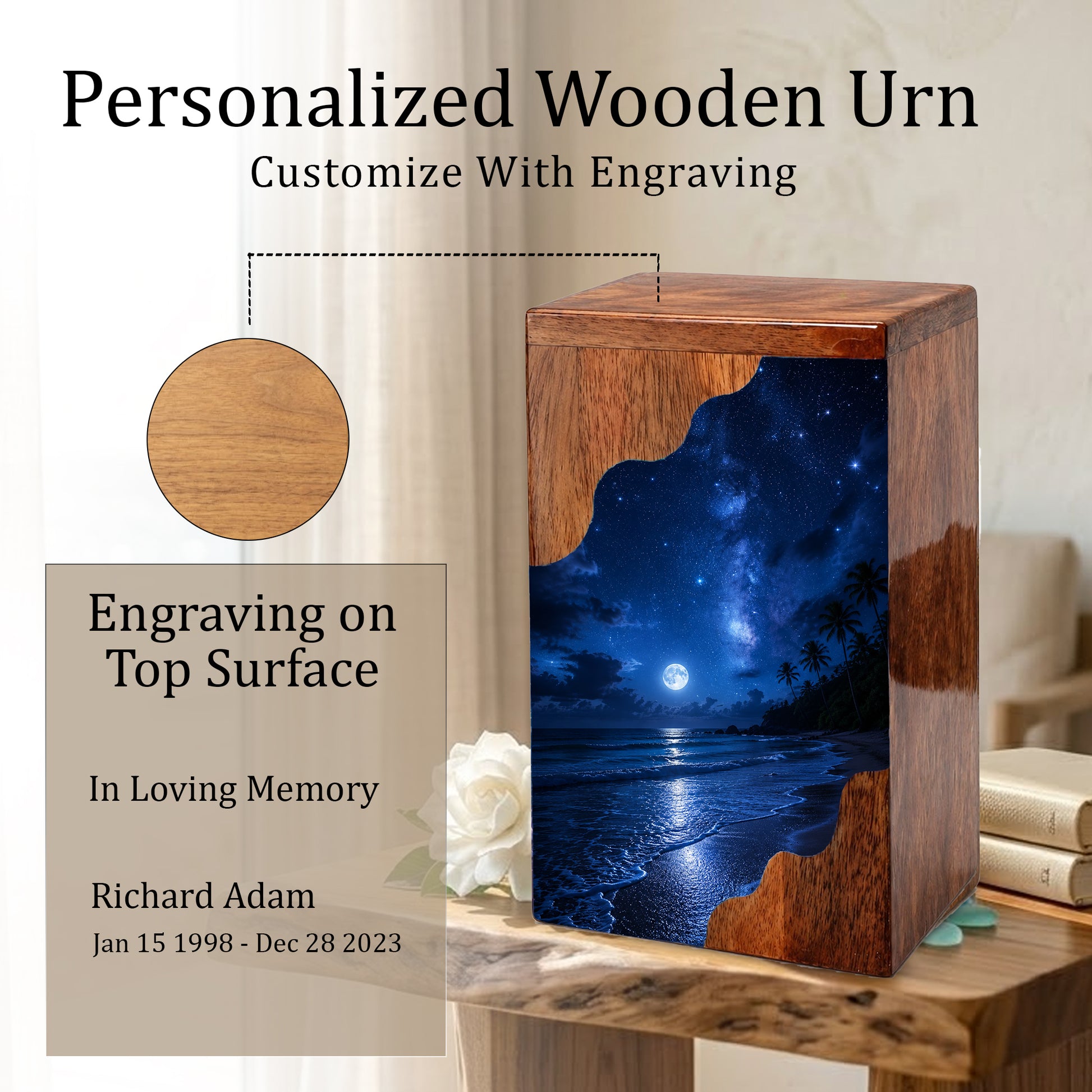 Moonlit Beach Wooden Cremation Urn – Ocean Memorial Urn for Human Ashes | Personalized Coastal Wooden Urn