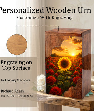 Sunflower Wooden Cremation Urn for Mom | Rose Memorial Urn for Human Ashes