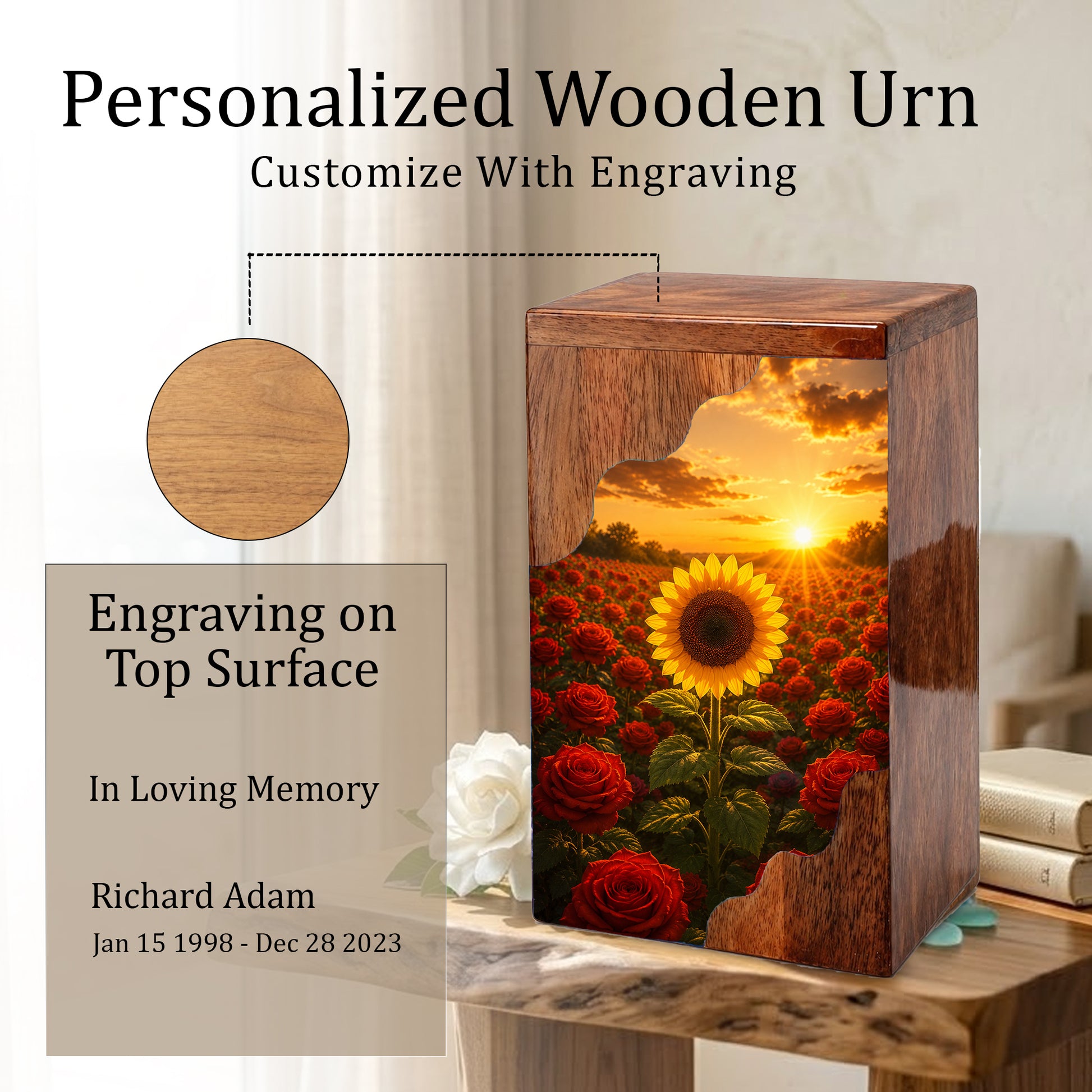 Sunflower Wooden Cremation Urn for Mom | Rose Memorial Urn for Human Ashes