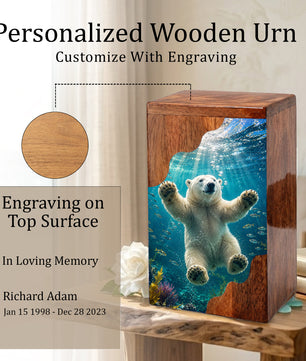 Polar Bear Wooden Cremation Urn – Ocean Memorial Urn for Human Ashes