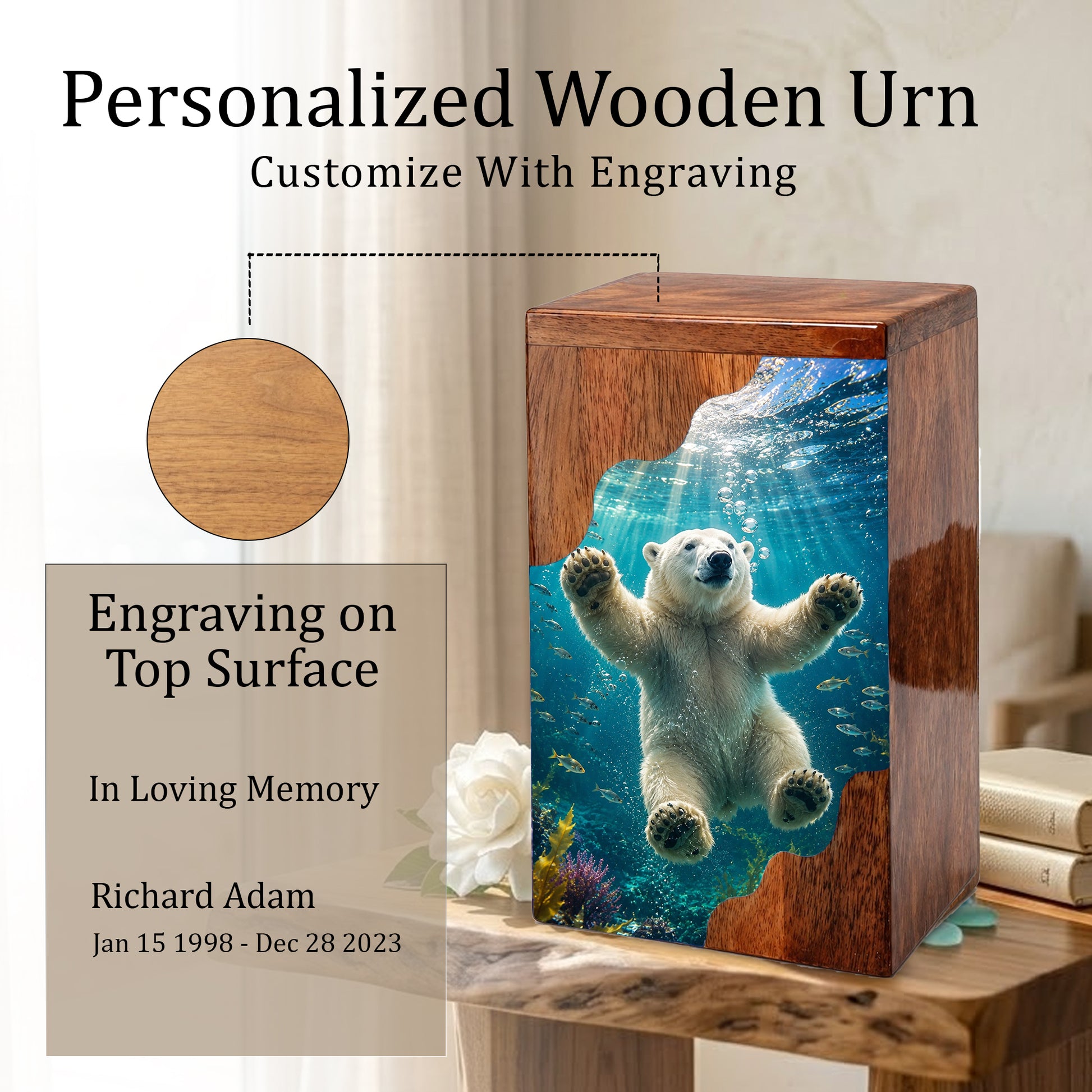 Polar Bear Wooden Cremation Urn – Ocean Memorial Urn for Human Ashes