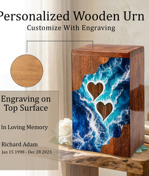 Ocean Heart Wooden Cremation Urn – Wooden Urn for Human Ashes