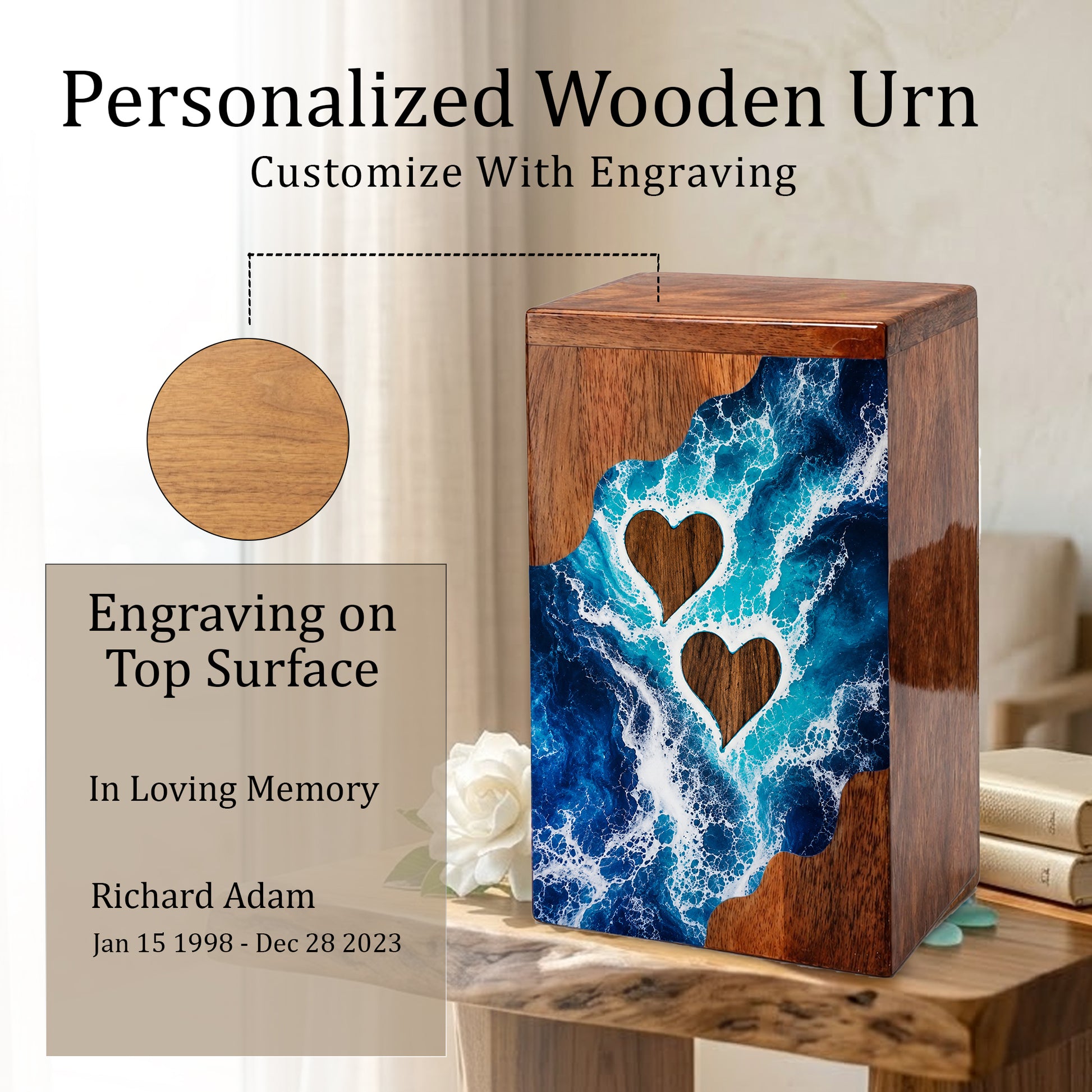 Ocean Heart Wooden Cremation Urn – Wooden Urn for Human Ashes