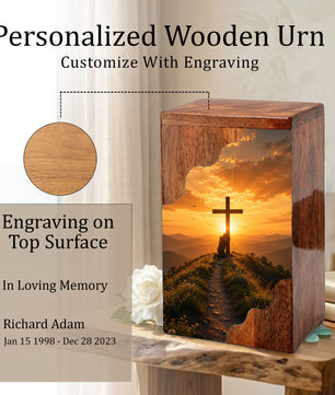 Cross Wooden Cremation Urn – Christian Memorial Urn for Human Ashes