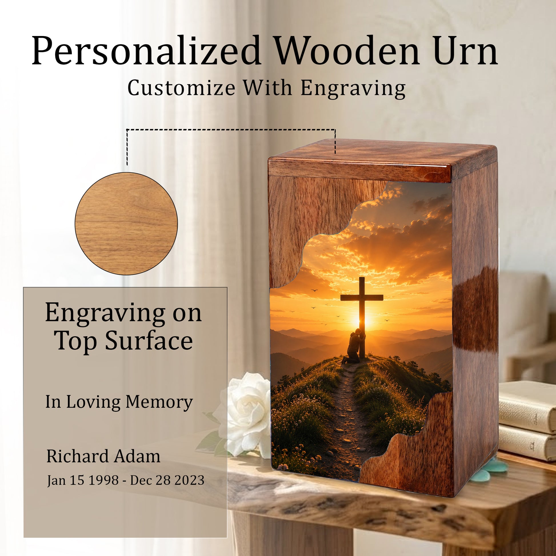 Cross Wooden Cremation Urn – Christian Memorial Urn for Human Ashes