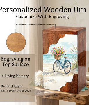 Wooden Cremation Urn – Coastal Bicycle Memorial Urn | Beach Memory Wooden Urn for Ashes