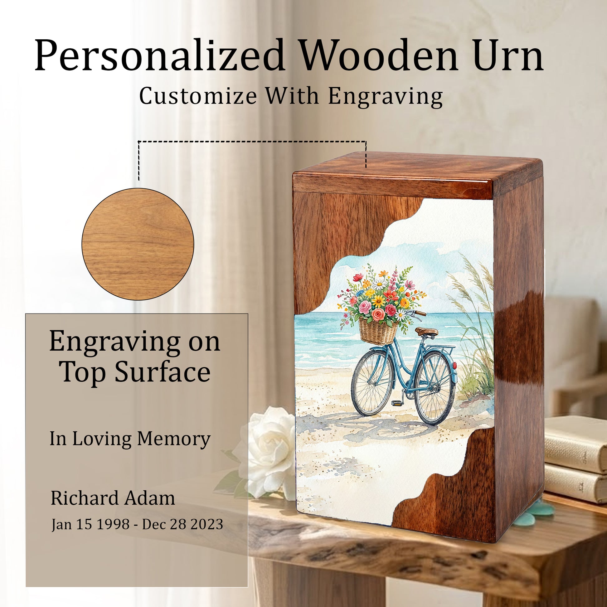 Wooden Cremation Urn – Coastal Bicycle Memorial Urn | Beach Memory Wooden Urn for Ashes