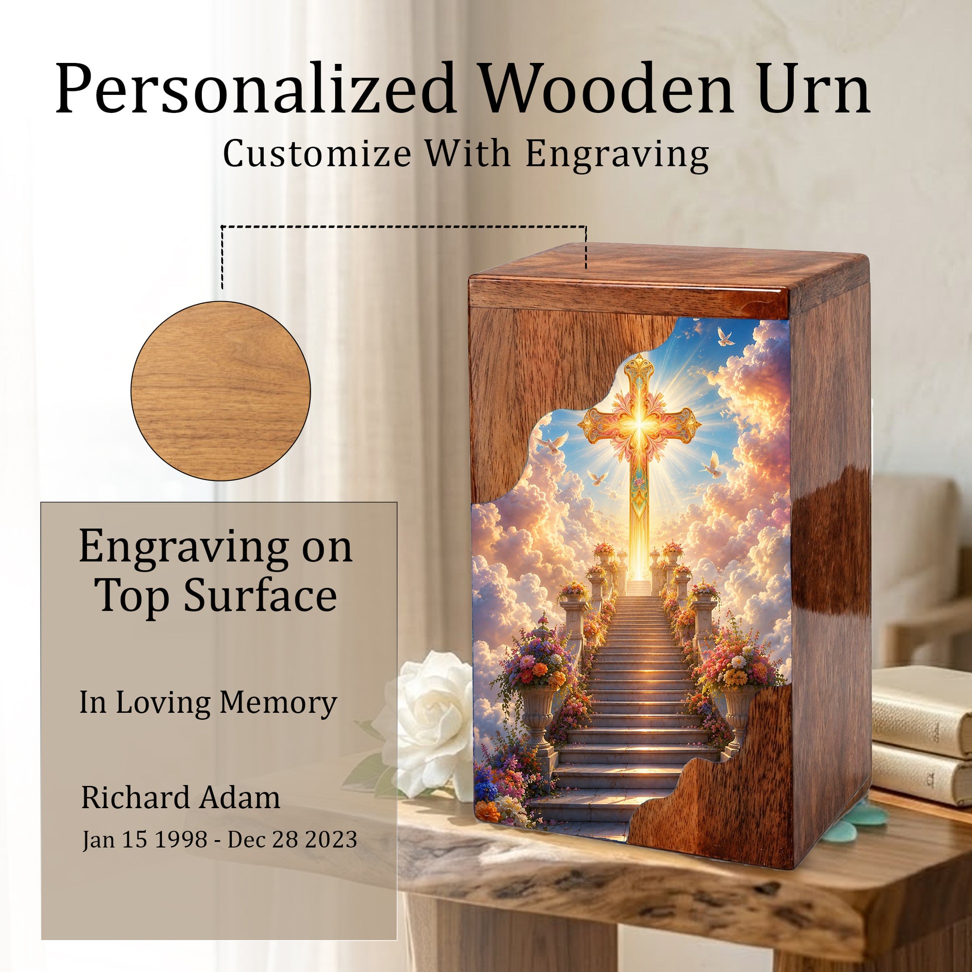 Christian Cross Wooden Cremation Urn – Wooden Urn for Human Ashes