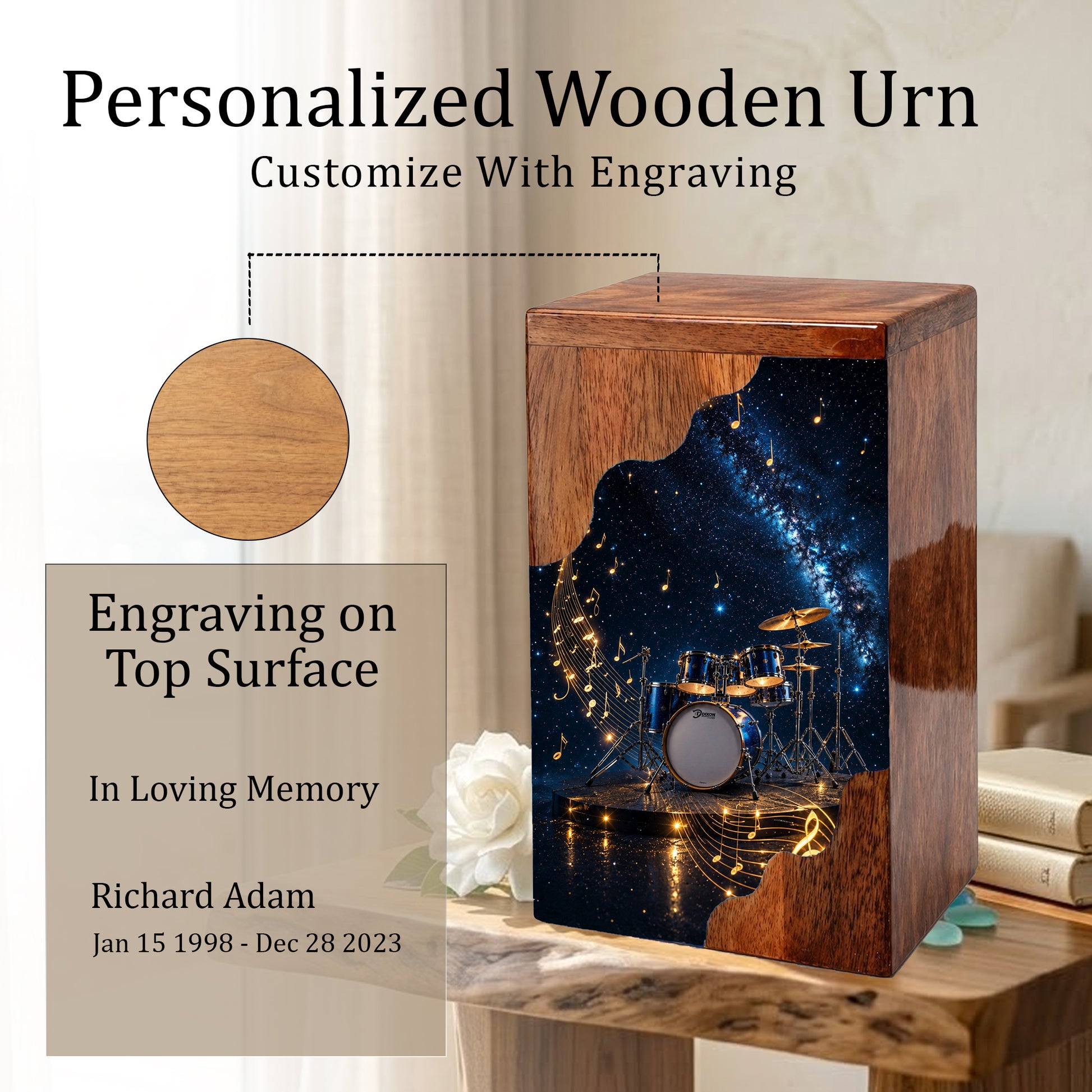 Music Memorial Wooden Cremation Urn – Drum Set Memorial Urn