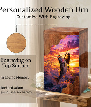 Fishing Wooden Cremation Urn – Gone Fishing Memorial Urn for Human Ashes