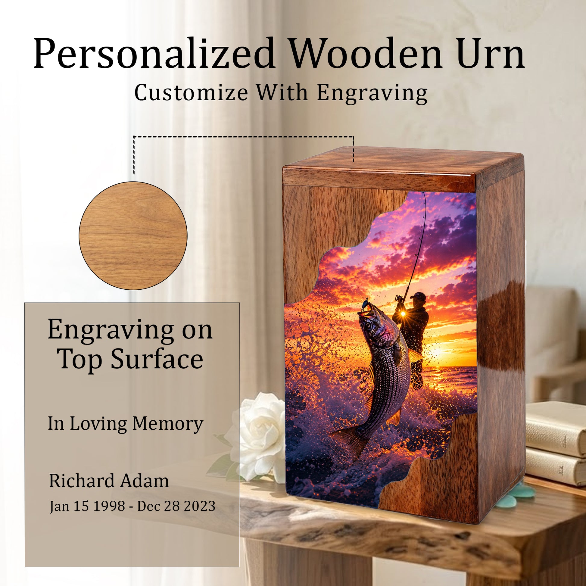 Fishing Wooden Cremation Urn – Gone Fishing Memorial Urn for Human Ashes