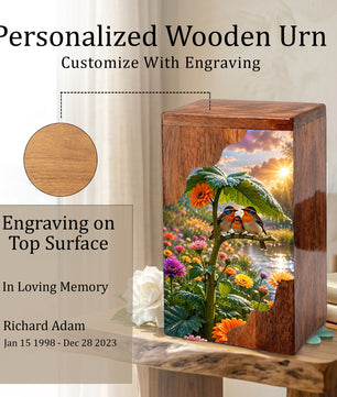Family Birds Wooden Cremation Urn – Personalized Memorial Urn for Human Ashes