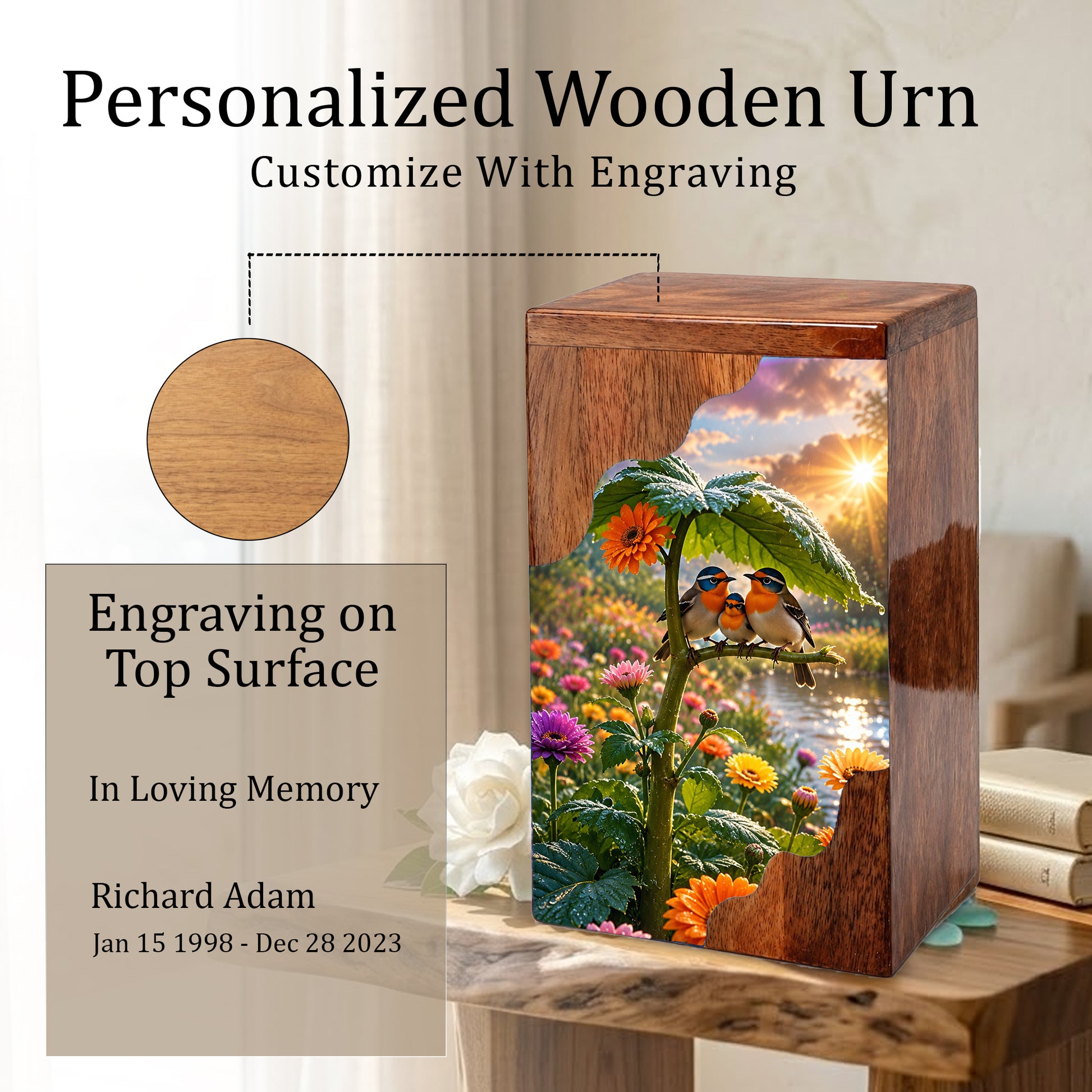 Family Birds Wooden Cremation Urn – Personalized Memorial Urn for Human Ashes