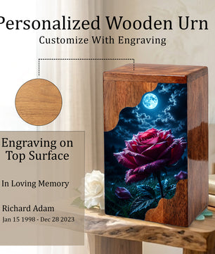 Moonlit Rose Wooden Cremation Urn – Rose Memorial Urn for Human Ashes