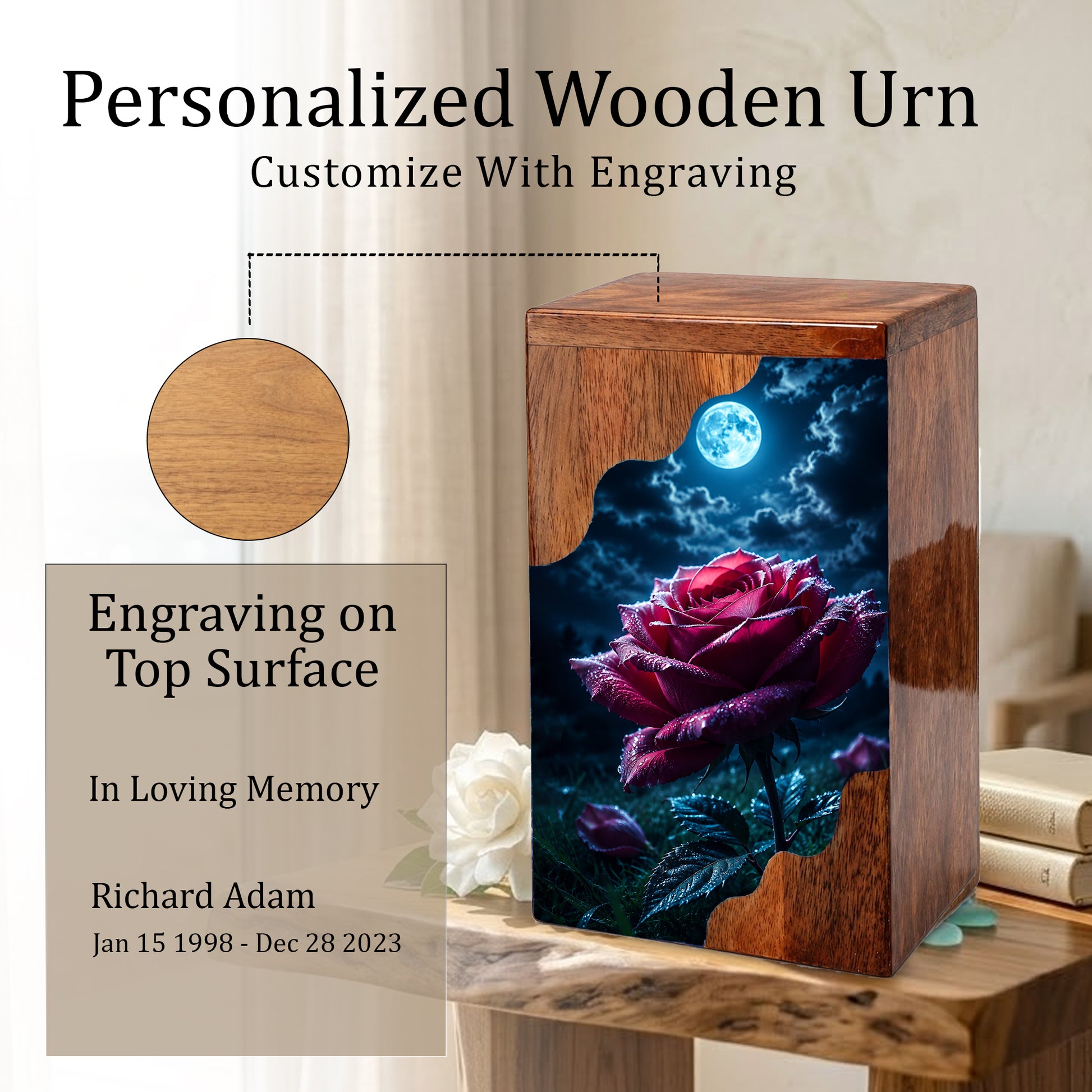 Moonlit Rose Wooden Cremation Urn – Rose Memorial Urn for Human Ashes