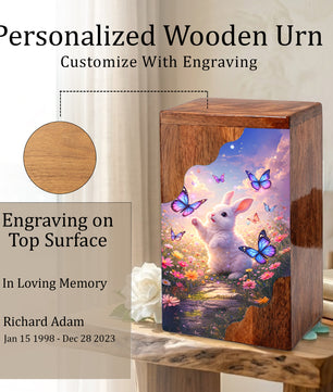 Wooden Cremation Urn – Rabbit Memorial Urn | Butterfly Garden Wooden Urn for Human Ashes