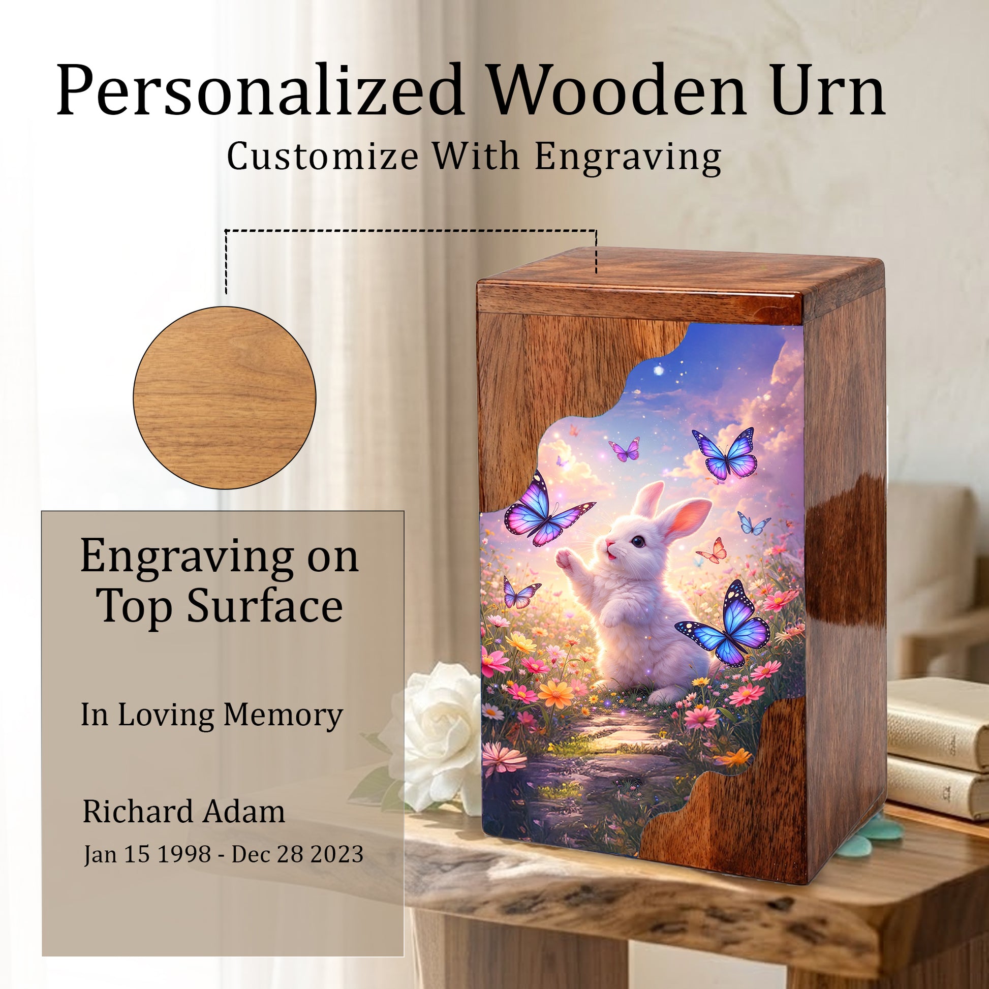 Wooden Cremation Urn – Rabbit Memorial Urn | Butterfly Garden Wooden Urn for Human Ashes