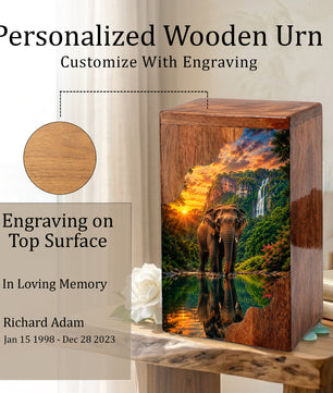 Elephant Wooden Cremation Urn – Waterfall Memorial Urn for Human Ashes
