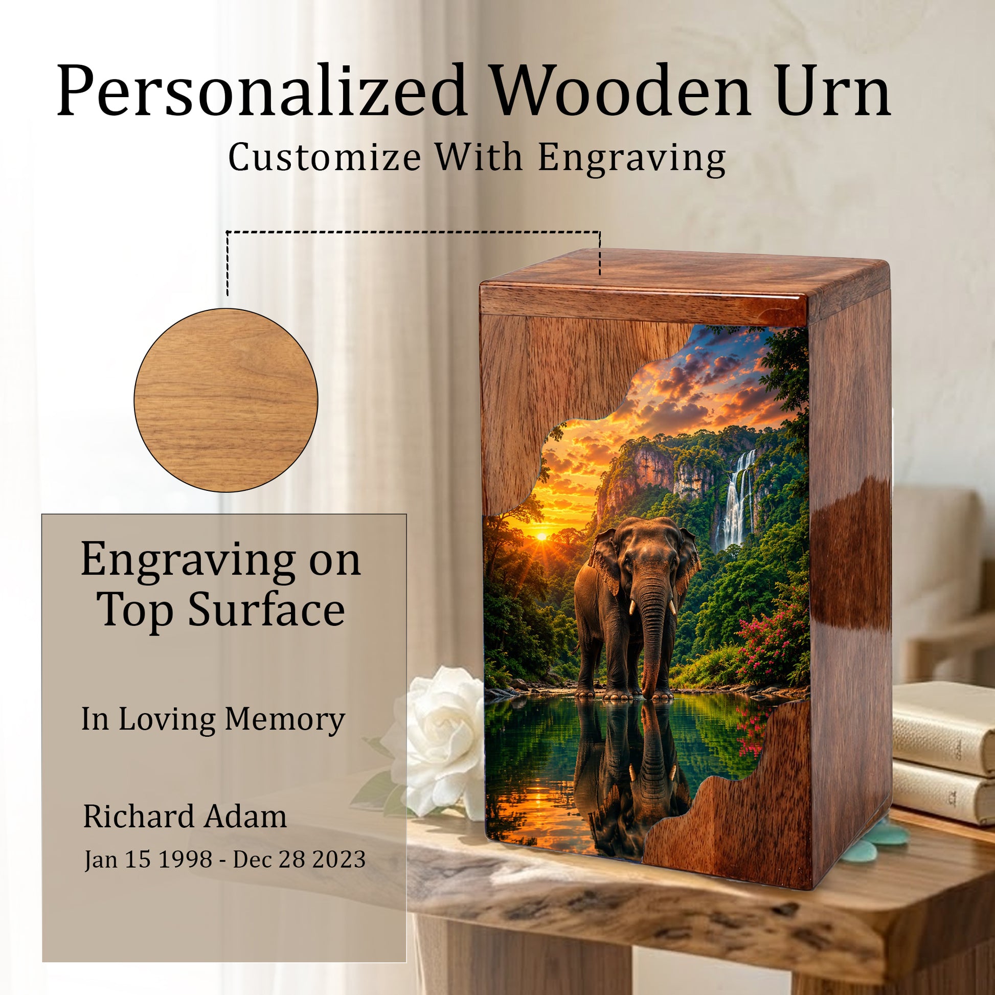 Elephant Wooden Cremation Urn – Waterfall Memorial Urn for Human Ashes