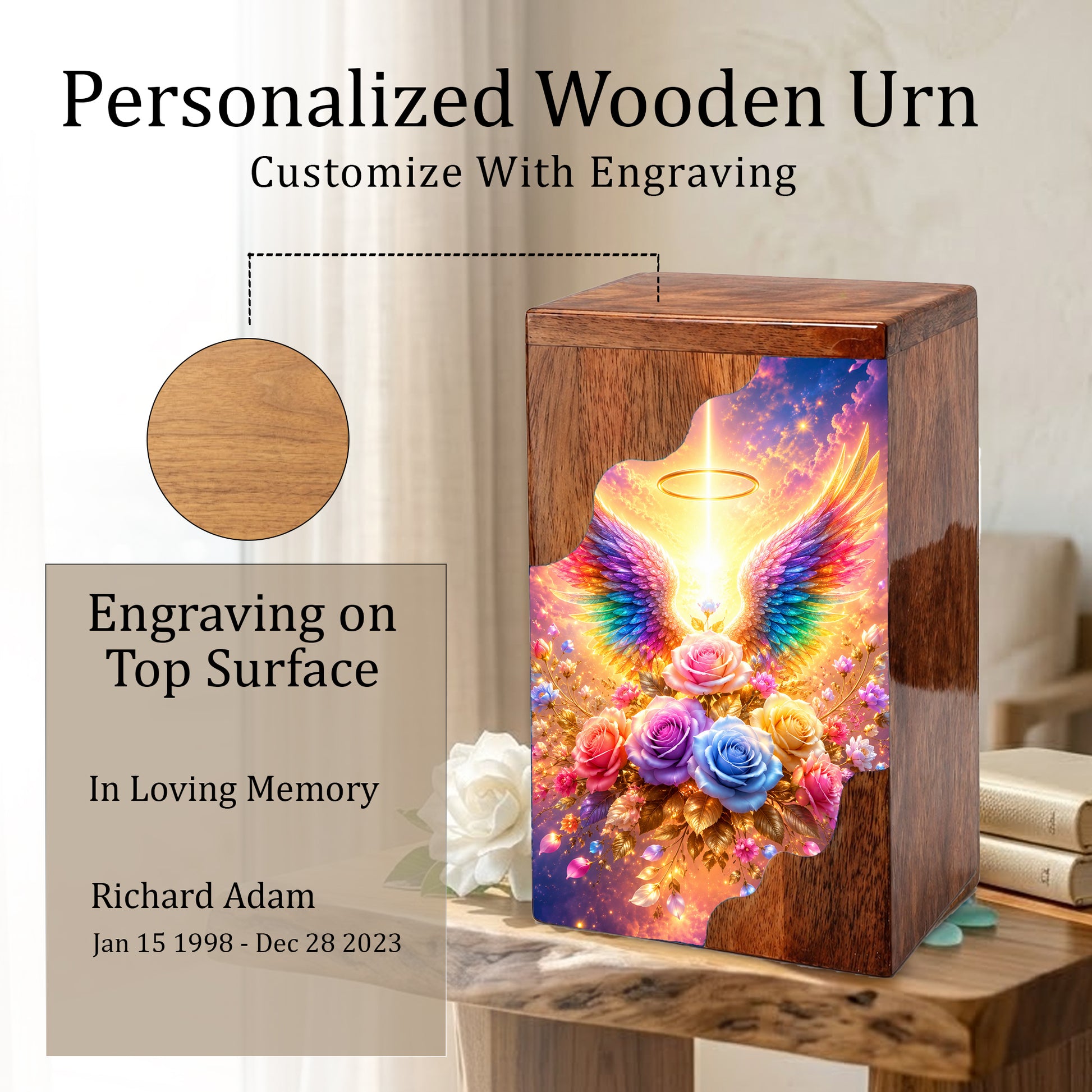 Angel Wings Wooden Cremation Urn – Heavenly Memorial Urn for Human Ashes