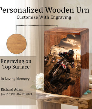 Motorcycle Wooden Cremation Urn for Dad – Personalized Wooden Urn for Human Ashes