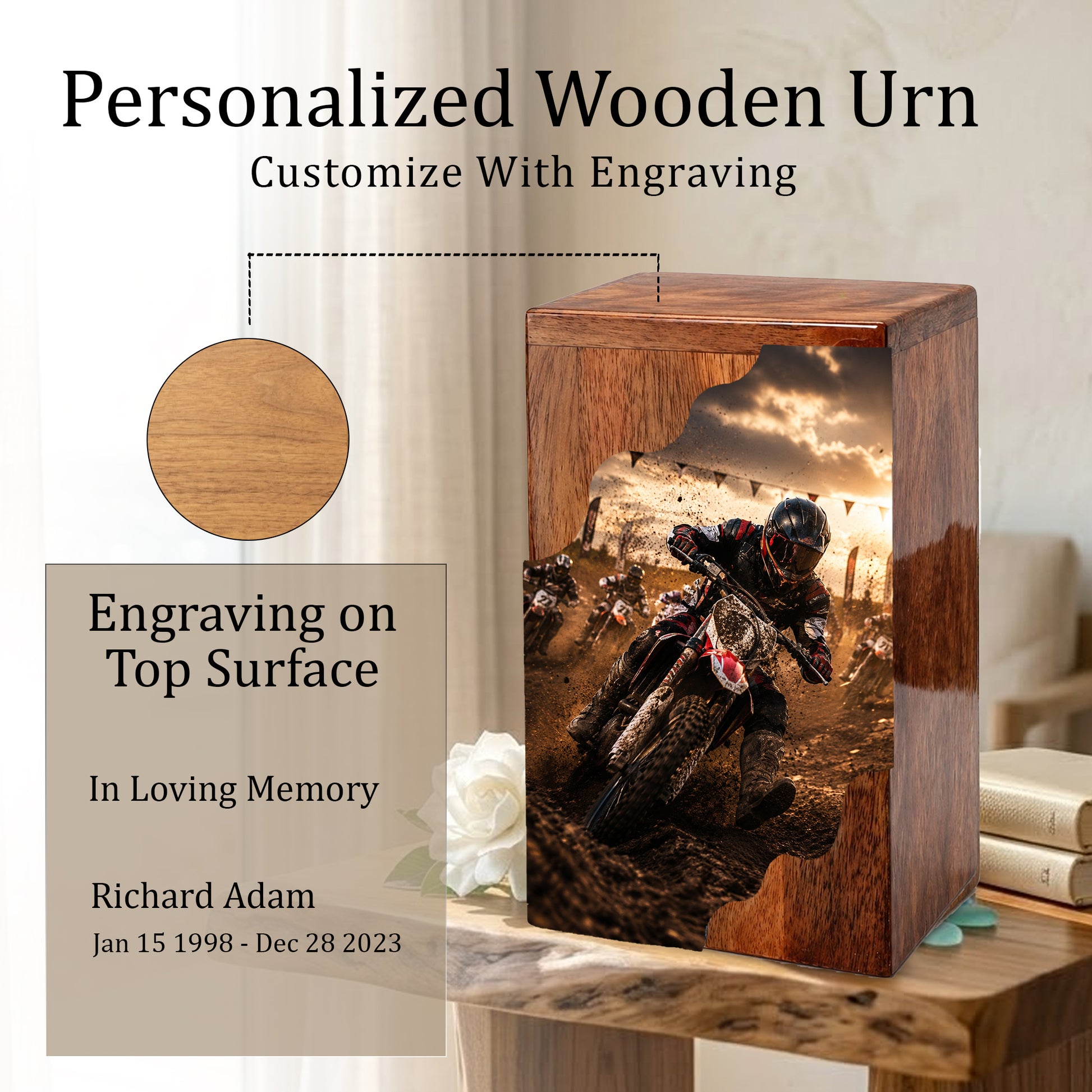 Motorcycle Wooden Cremation Urn for Dad – Personalized Wooden Urn for Human Ashes