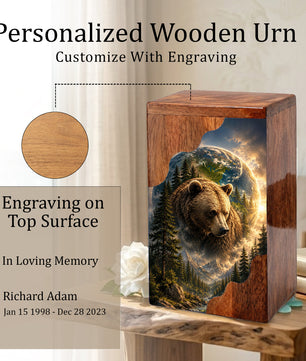 Bear Wooden Cremation Urn – Mountain Memorial Urn for Human Ashes