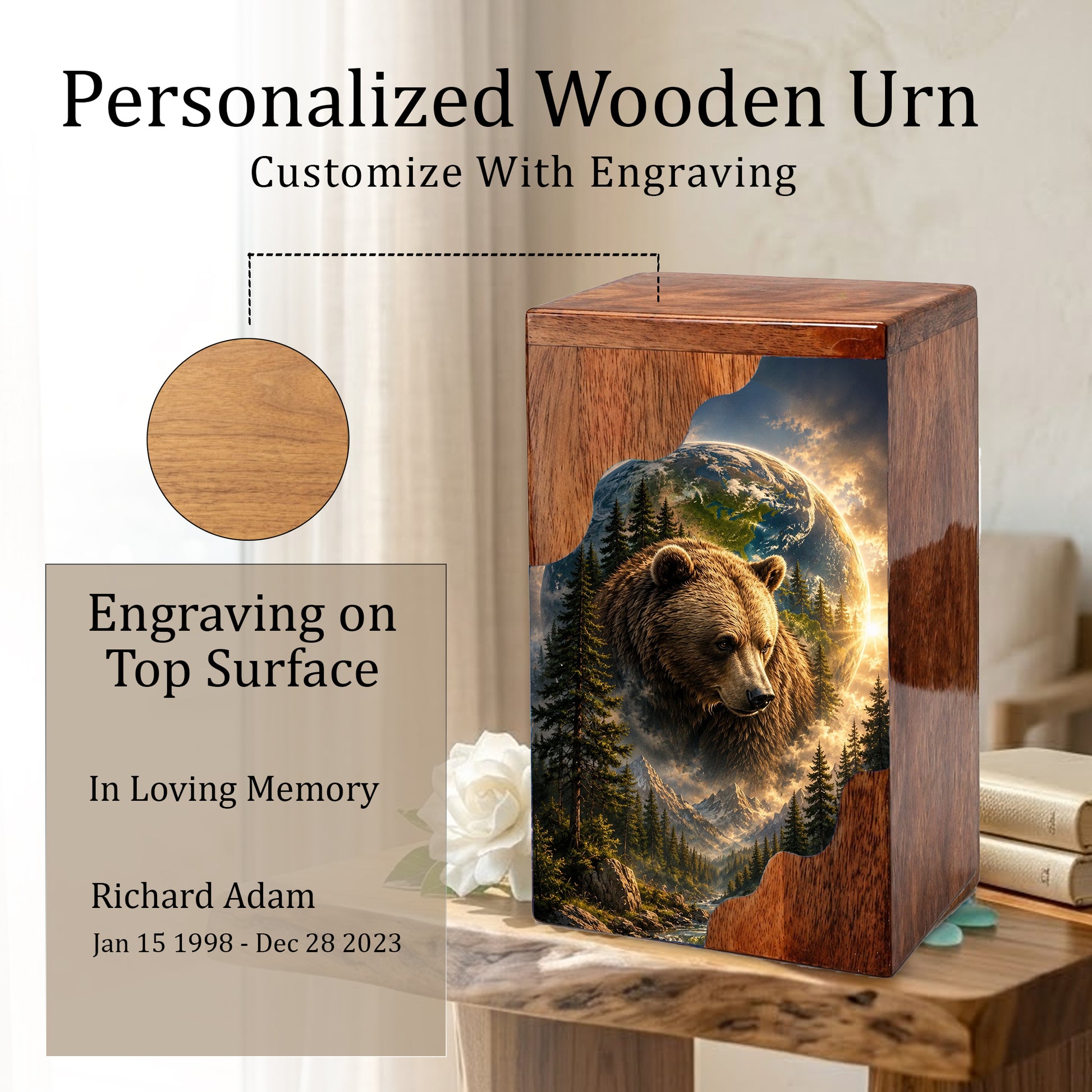 Bear Wooden Cremation Urn – Mountain Memorial Urn for Human Ashes