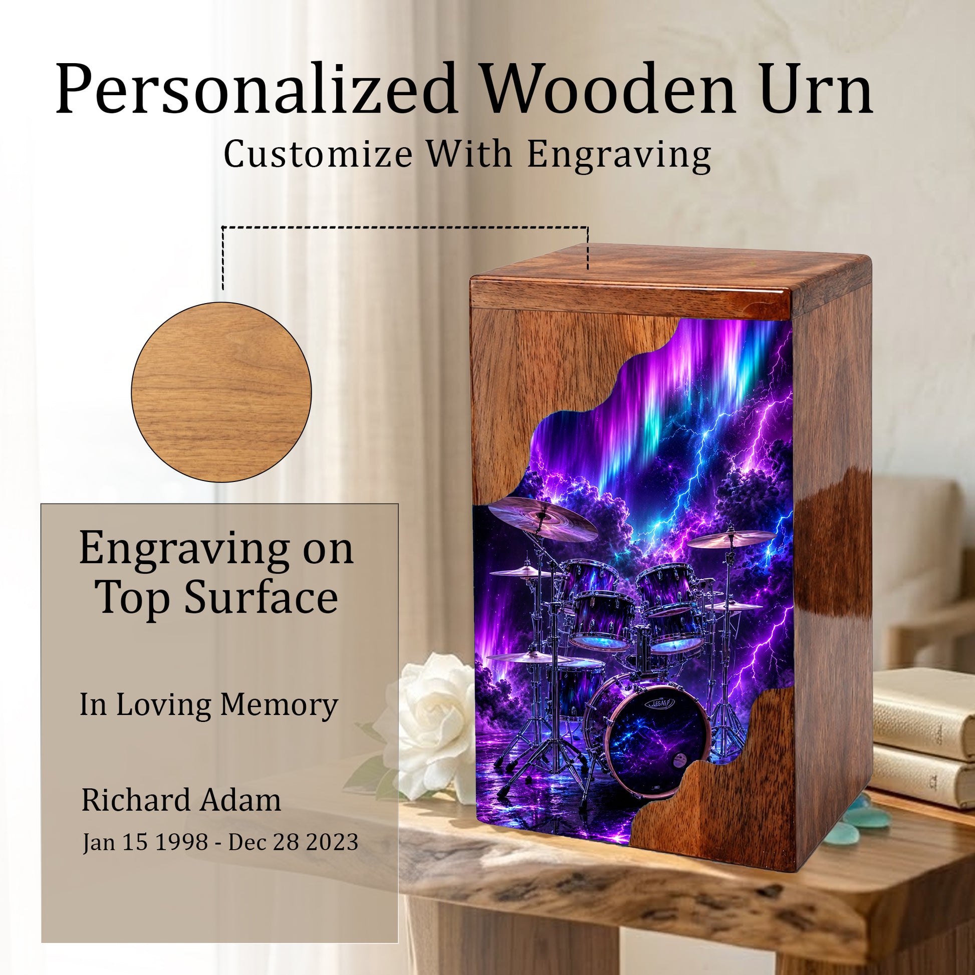 Drummer Wooden Cremation Urn – Aurora Memorial Urn