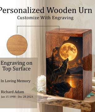 Wolf Moon Wooden Cremation Urn – Personalized Memorial Urn for Human Ashes