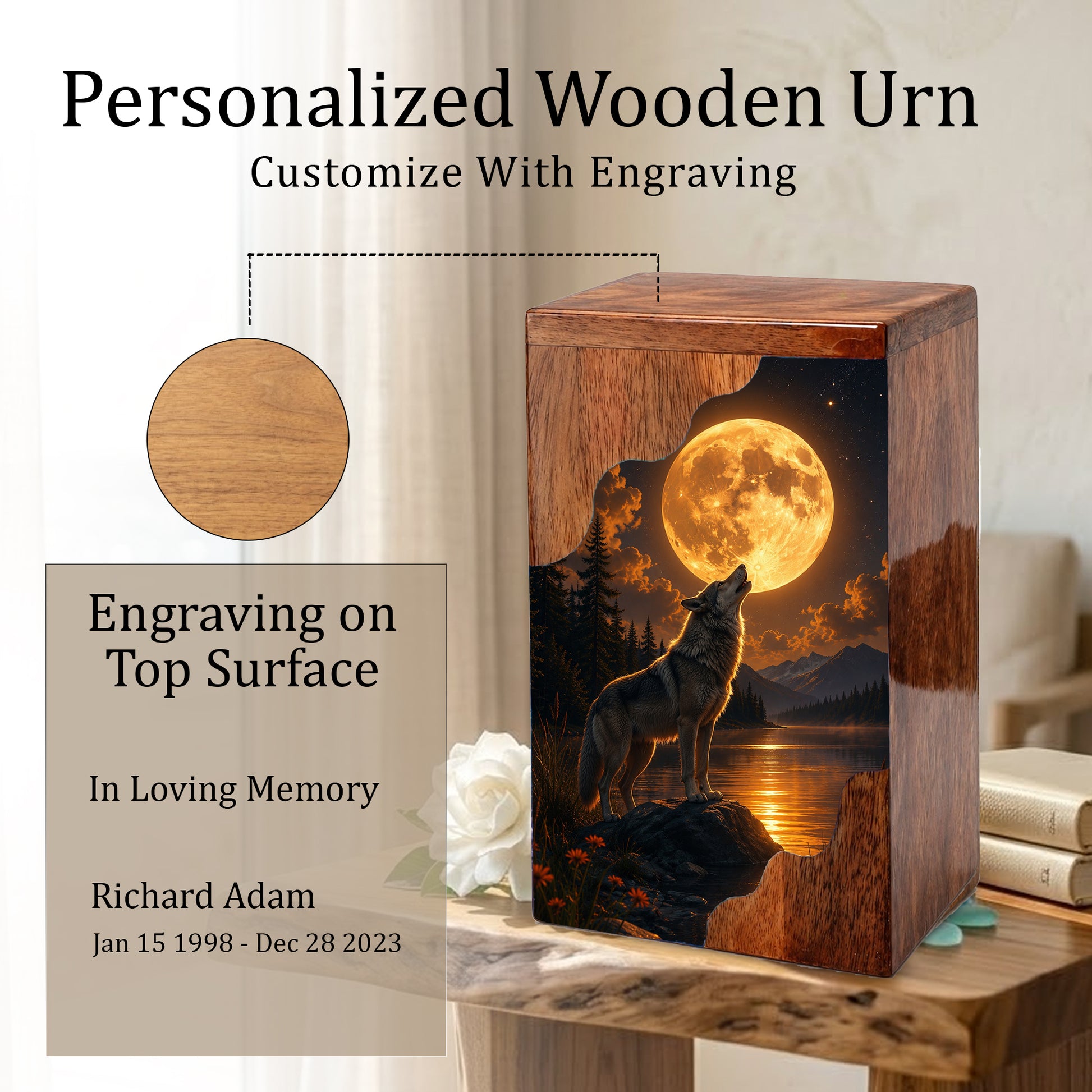 Wolf Moon Wooden Cremation Urn – Personalized Memorial Urn for Human Ashes