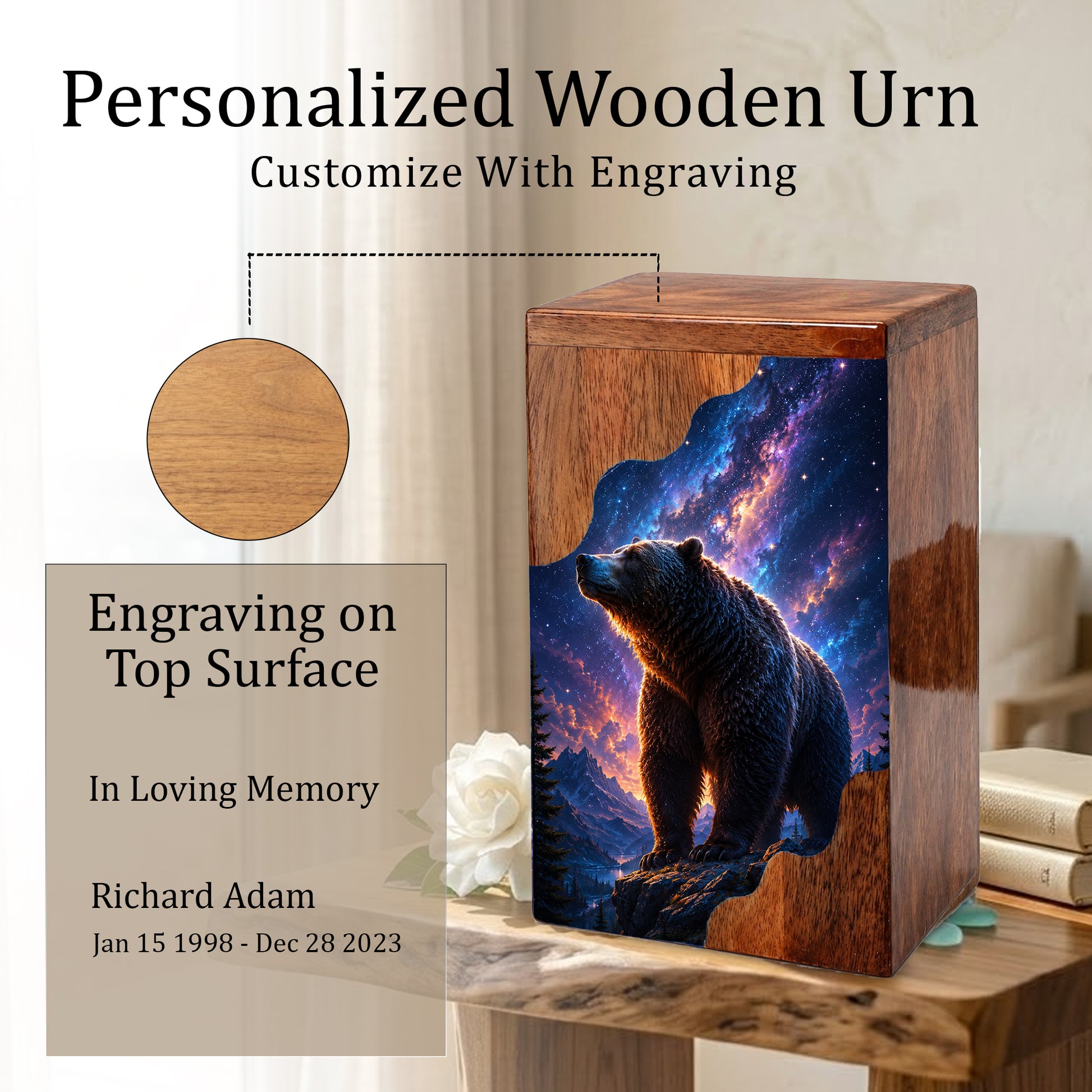 Bear Wooden Cremation Urn – Personalized Memorial Urn for Human Ashes