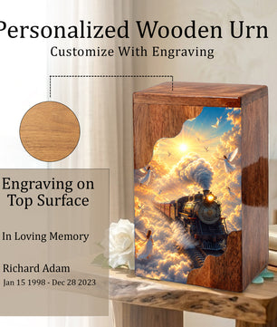 Heaven Bound Train Wooden Cremation Urn – Angel Memorial Urn | Wooden Urn for Human Ashes