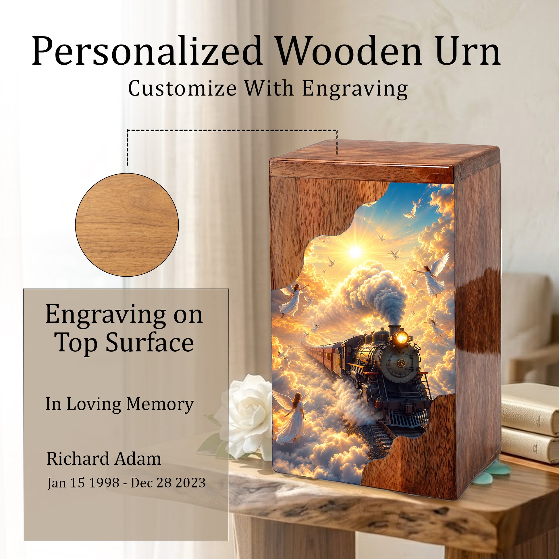 Heaven Bound Train Wooden Cremation Urn – Angel Memorial Urn | Wooden Urn for Human Ashes